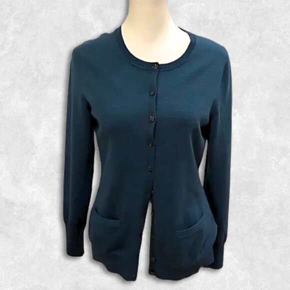Banana Republic Merino Wool Blend Cardigan Crew Neck Front Pocket Peacock Blue - Picture 1 of 10